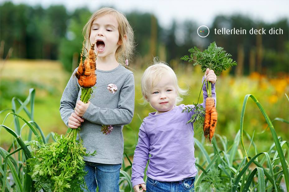 Zwei Kinder haben Möhren geerntet Verein Tellerlein Deck Dich