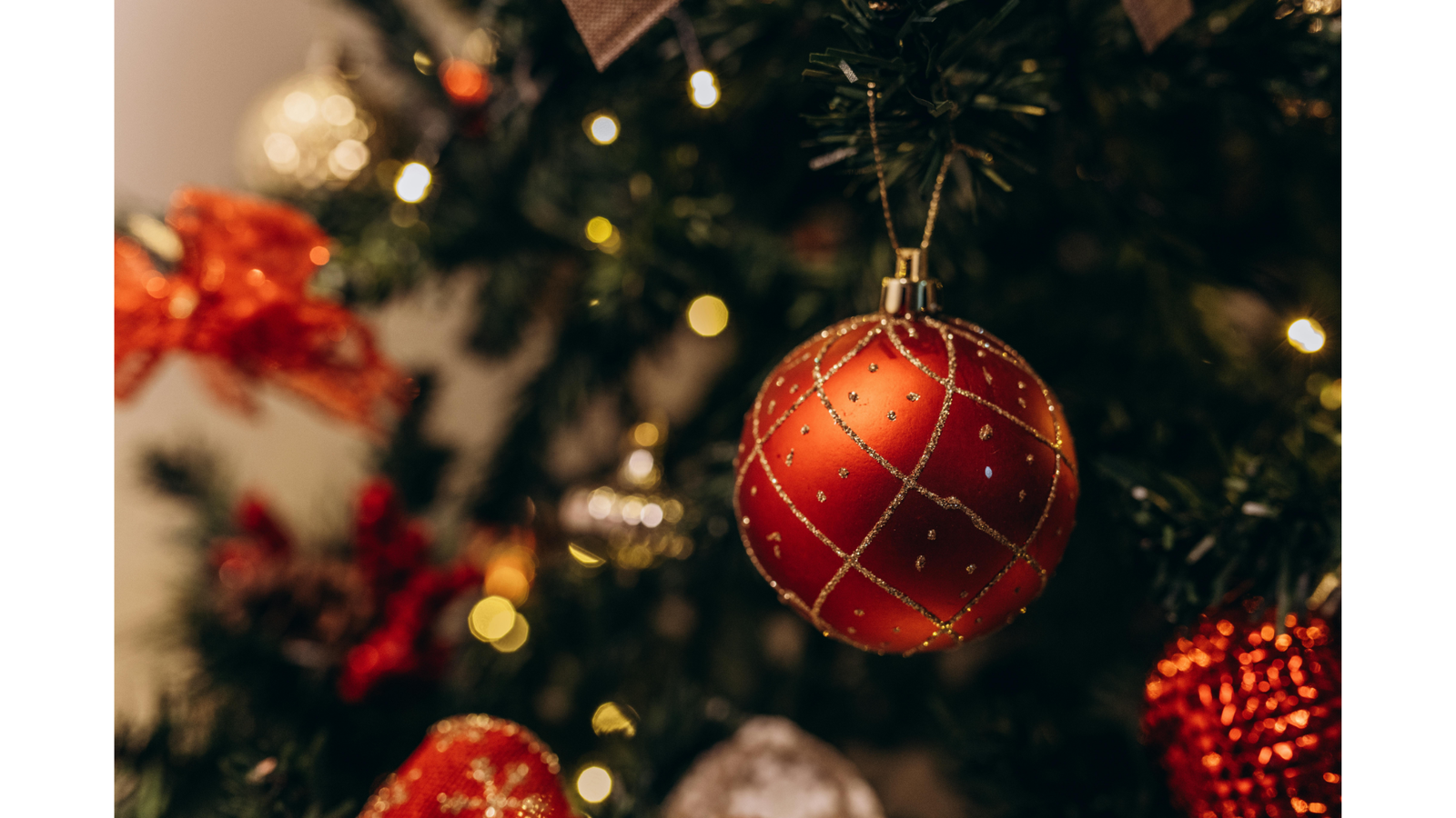 Rote Christbaumkugel, die an einem Tannenbaum hängt