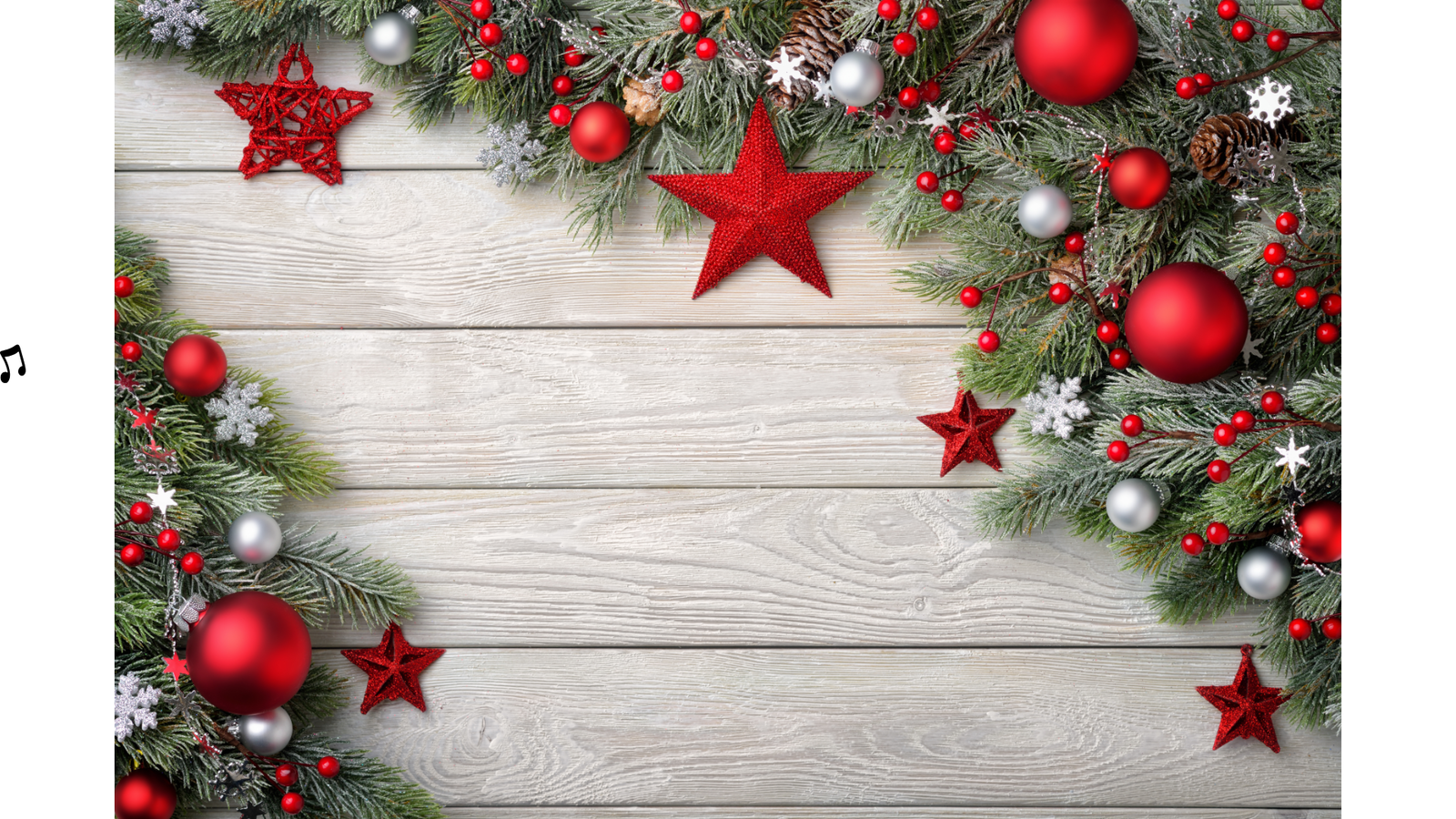 Hintergrund in Holzoptik, an den Rändern Tannenzweige und Weihnachtsdeko wie Kugeln und rote Sterne